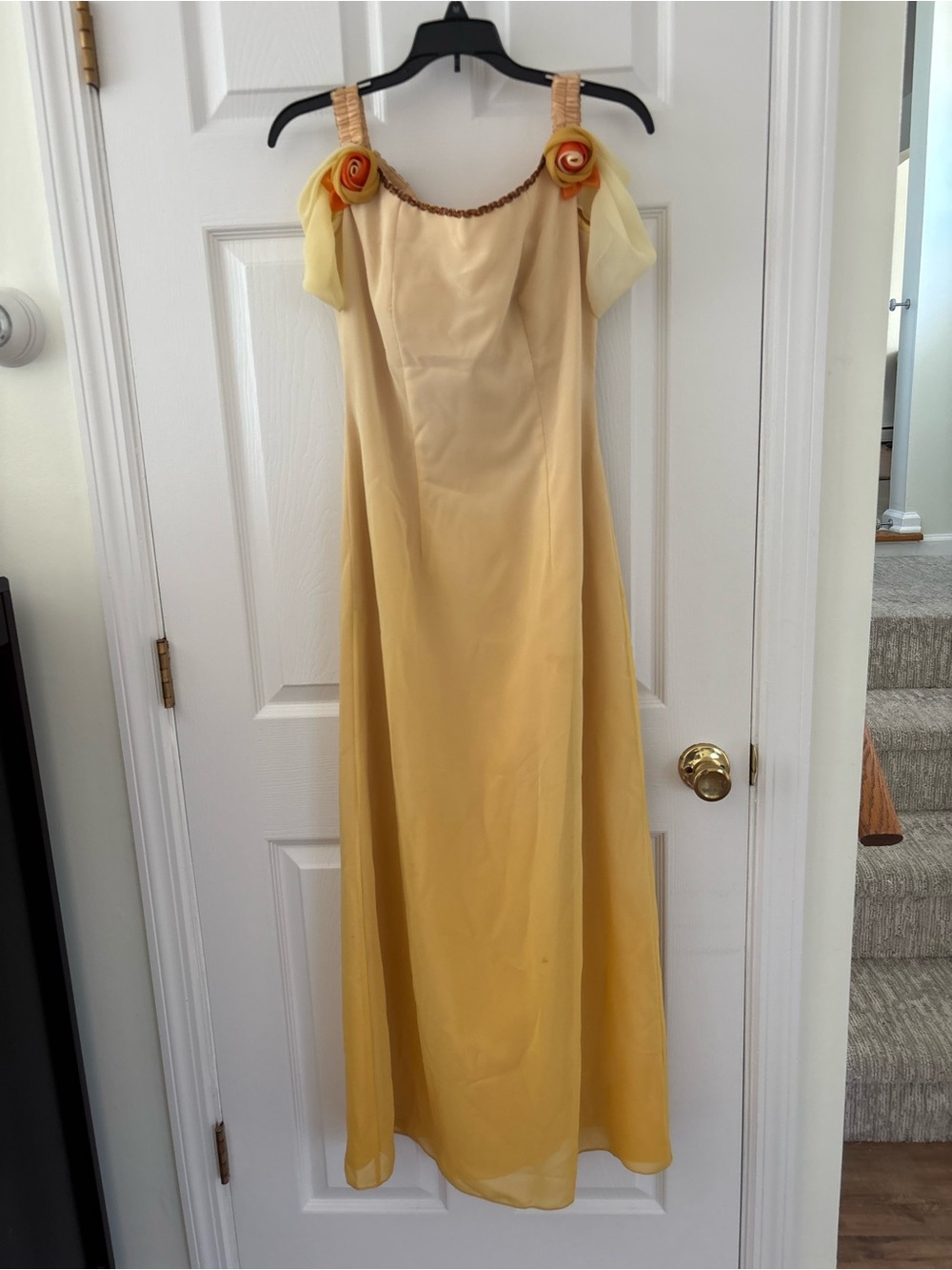 Yellow Chiffon Evening Gown with Rosette Straps